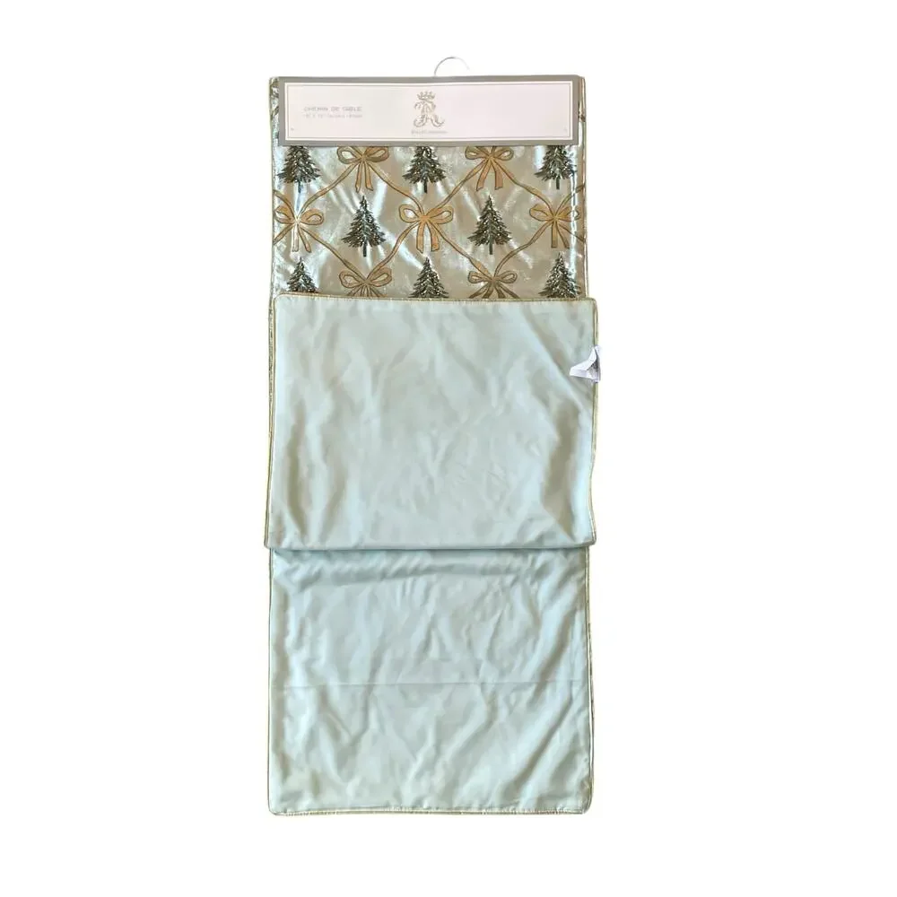 RACHEL ASHWELL Beaded Christmas Tree Bow Table Runner 16x90 Mint Green Gold NEW